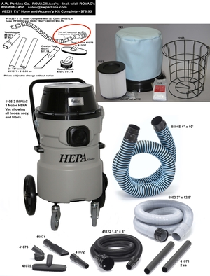 1105-3 ROVAC® Chimney Sweep's Vacuum - 3 Motor Fixed Trolley HEPA Vacuum